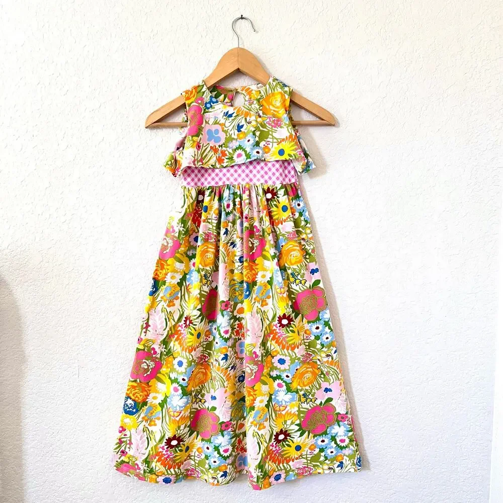 Matilda Jane Far Out Dress Girls 6 Floral Maxi Bright Daydream Gingham Trim